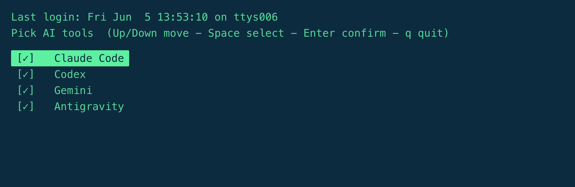 Arrow-key menu of installed AI tools